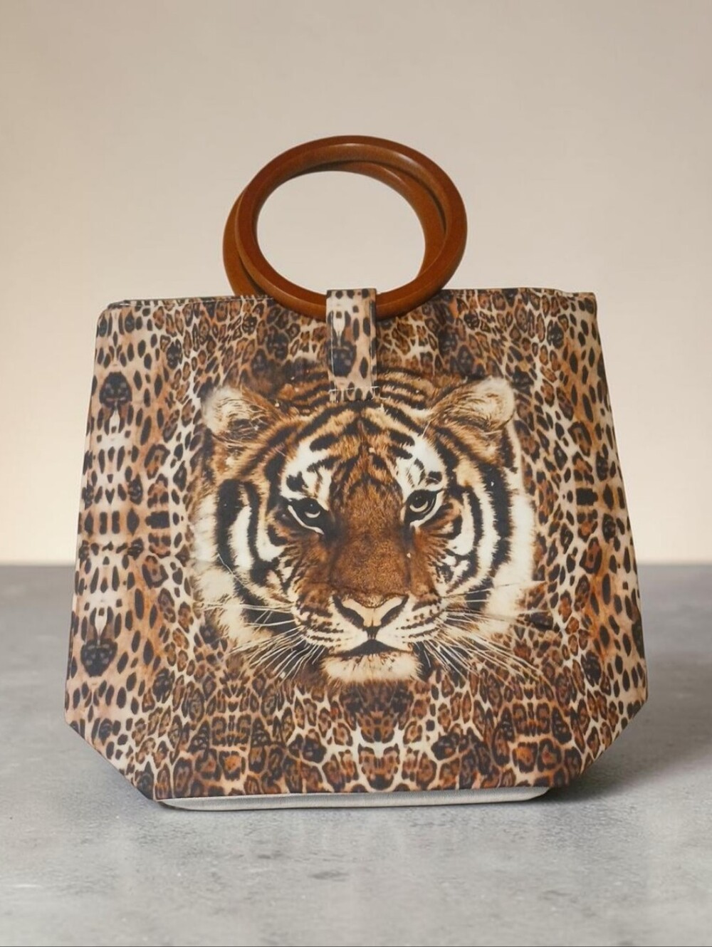 Maximalist Tiger Print Tote Bag with Wooden Ring Handles